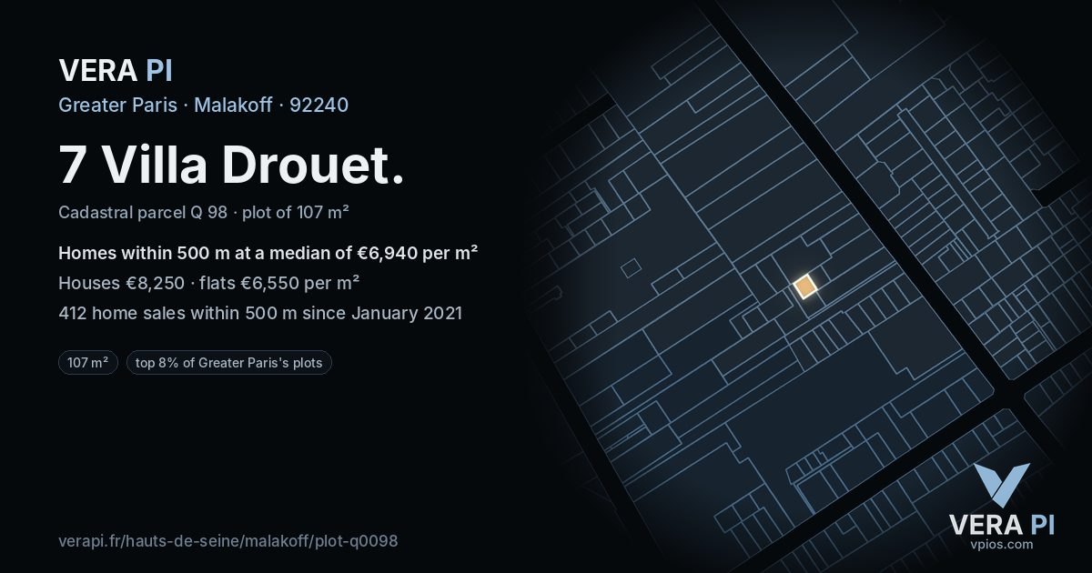 7 Villa Drouet, Malakoff at night – the plot lit, the parcels around coloured by the prices near them