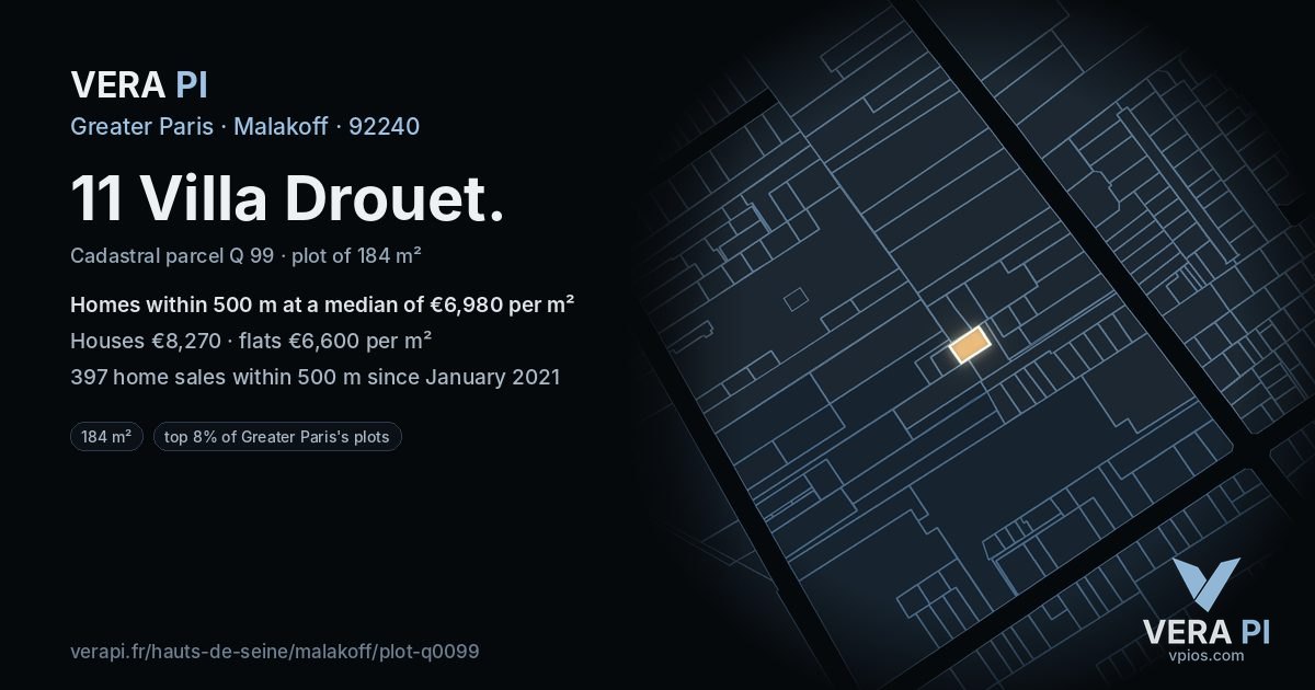 11 Villa Drouet, Malakoff at night – the plot lit, the parcels around coloured by the prices near them