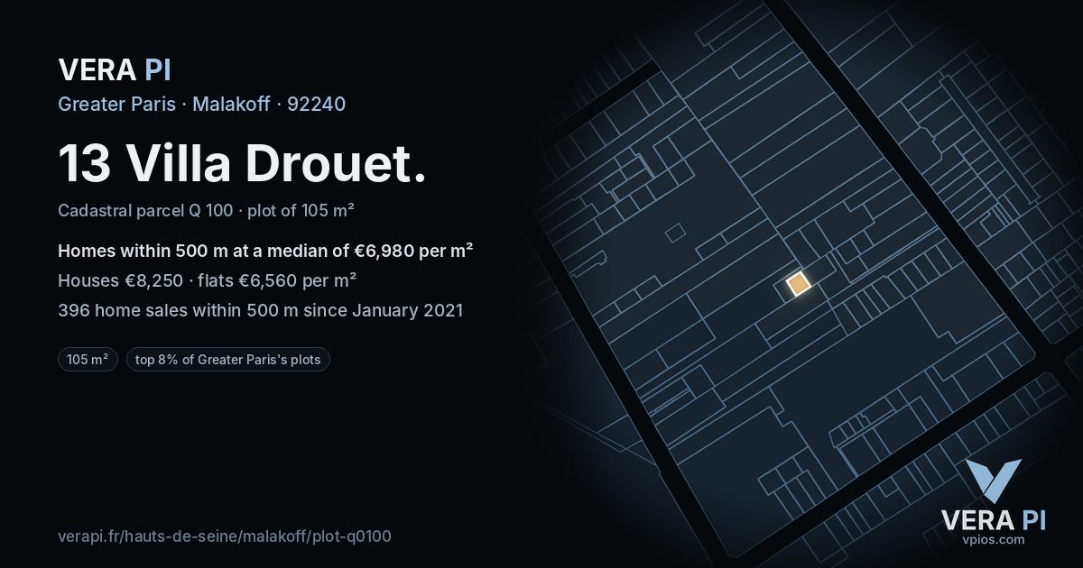 13 Villa Drouet, Malakoff at night – the plot lit, the parcels around coloured by the prices near them