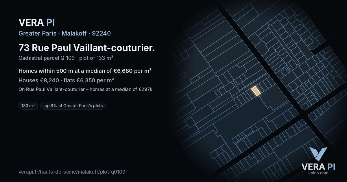 73 Rue Paul Vaillant-couturier, Malakoff at night – the plot lit, the parcels around coloured by the prices near them