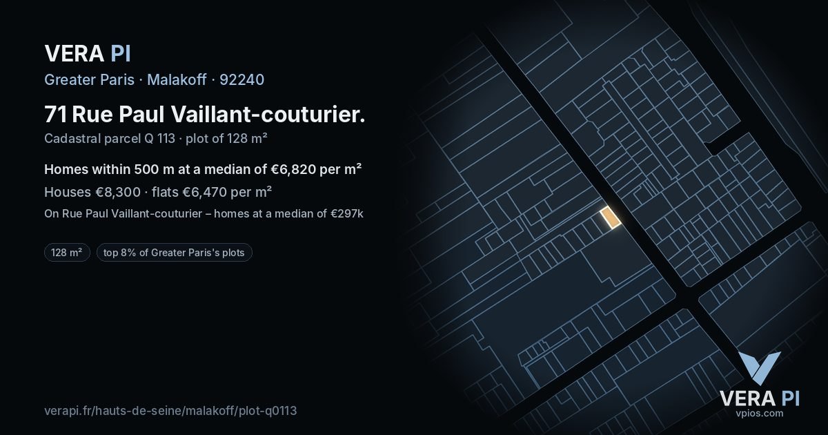 71 Rue Paul Vaillant-couturier, Malakoff at night – the plot lit, the parcels around coloured by the prices near them