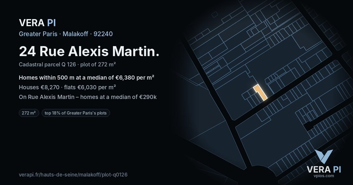24 Rue Alexis Martin, Malakoff at night – the plot lit, the parcels around coloured by the prices near them