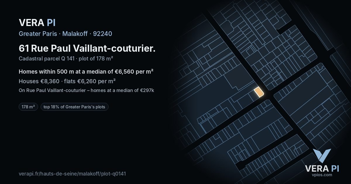 61 Rue Paul Vaillant-couturier, Malakoff at night – the plot lit, the parcels around coloured by the prices near them