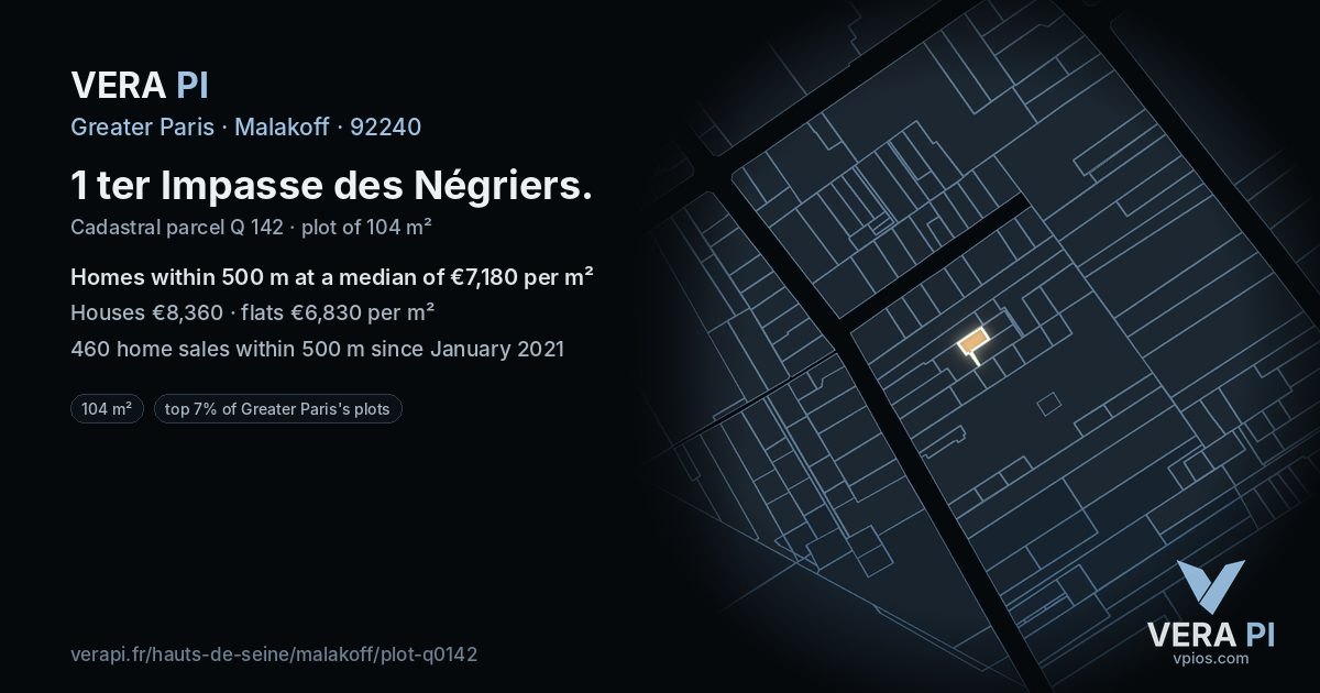 1 ter Impasse des Négriers, Malakoff at night – the plot lit, the parcels around coloured by the prices near them