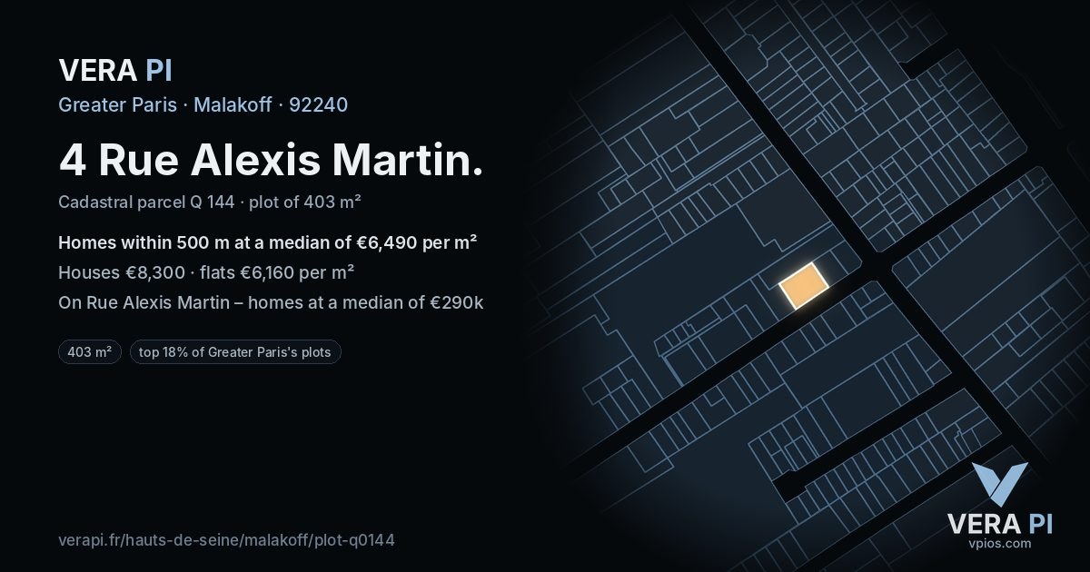 4 Rue Alexis Martin, Malakoff at night – the plot lit, the parcels around coloured by the prices near them