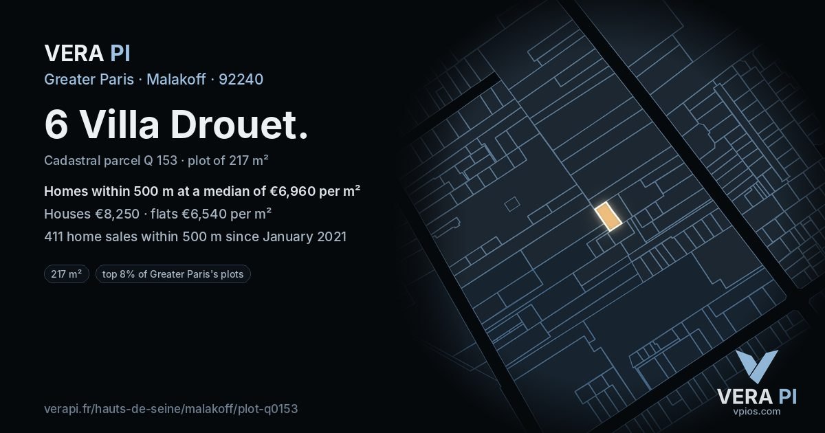 6 Villa Drouet, Malakoff at night – the plot lit, the parcels around coloured by the prices near them