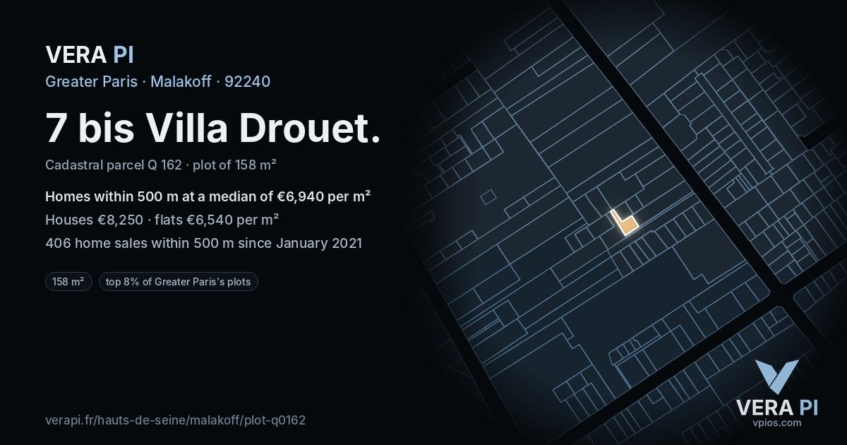 7 bis Villa Drouet, Malakoff at night – the plot lit, the parcels around coloured by the prices near them