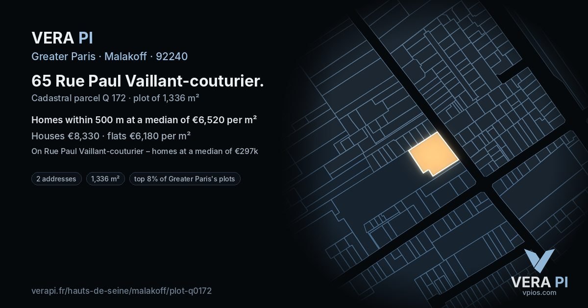 65 Rue Paul Vaillant-couturier, Malakoff at night – the plot lit, the parcels around coloured by the prices near them