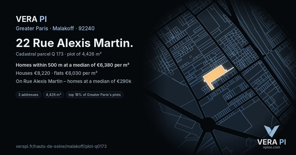 22 Rue Alexis Martin, Malakoff at night – the plot lit, the parcels around coloured by the prices near them