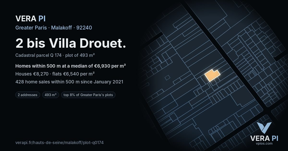 2 bis Villa Drouet, Malakoff at night – the plot lit, the parcels around coloured by the prices near them