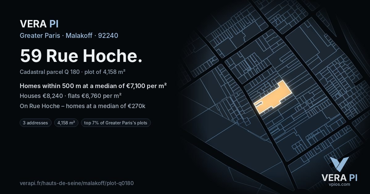 59 Rue Hoche, Malakoff at night – the plot lit, the parcels around coloured by the prices near them