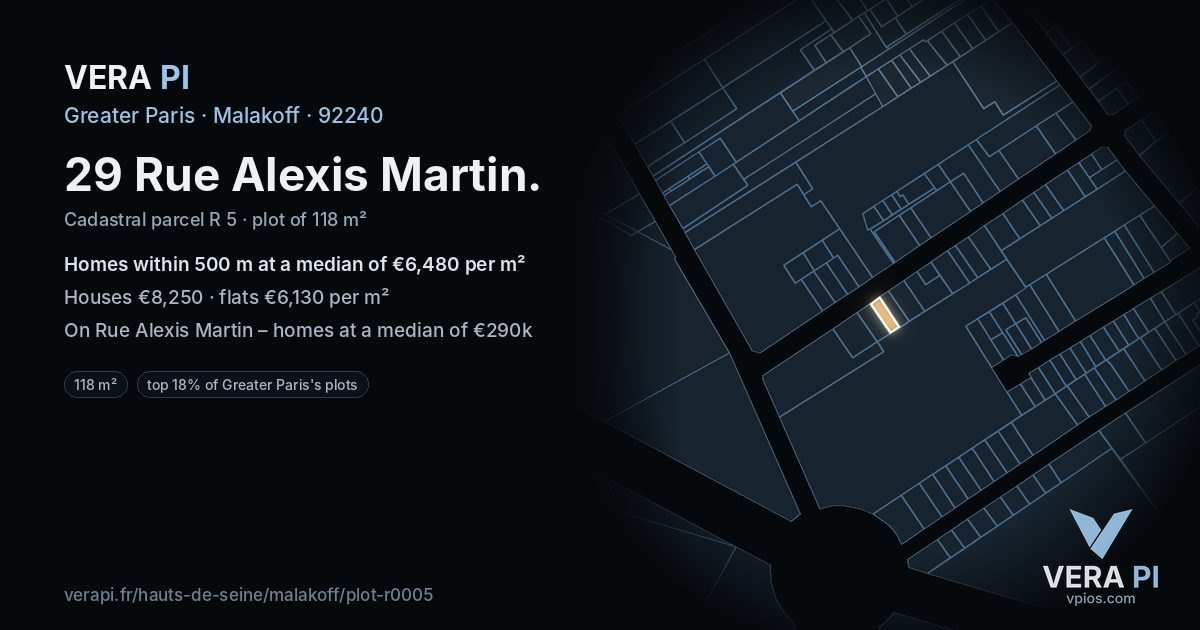 29 Rue Alexis Martin, Malakoff at night – the plot lit, the parcels around coloured by the prices near them