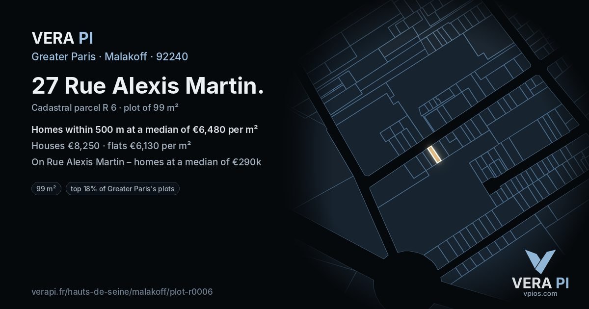 27 Rue Alexis Martin, Malakoff at night – the plot lit, the parcels around coloured by the prices near them