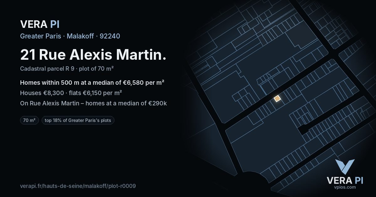 21 Rue Alexis Martin, Malakoff at night – the plot lit, the parcels around coloured by the prices near them