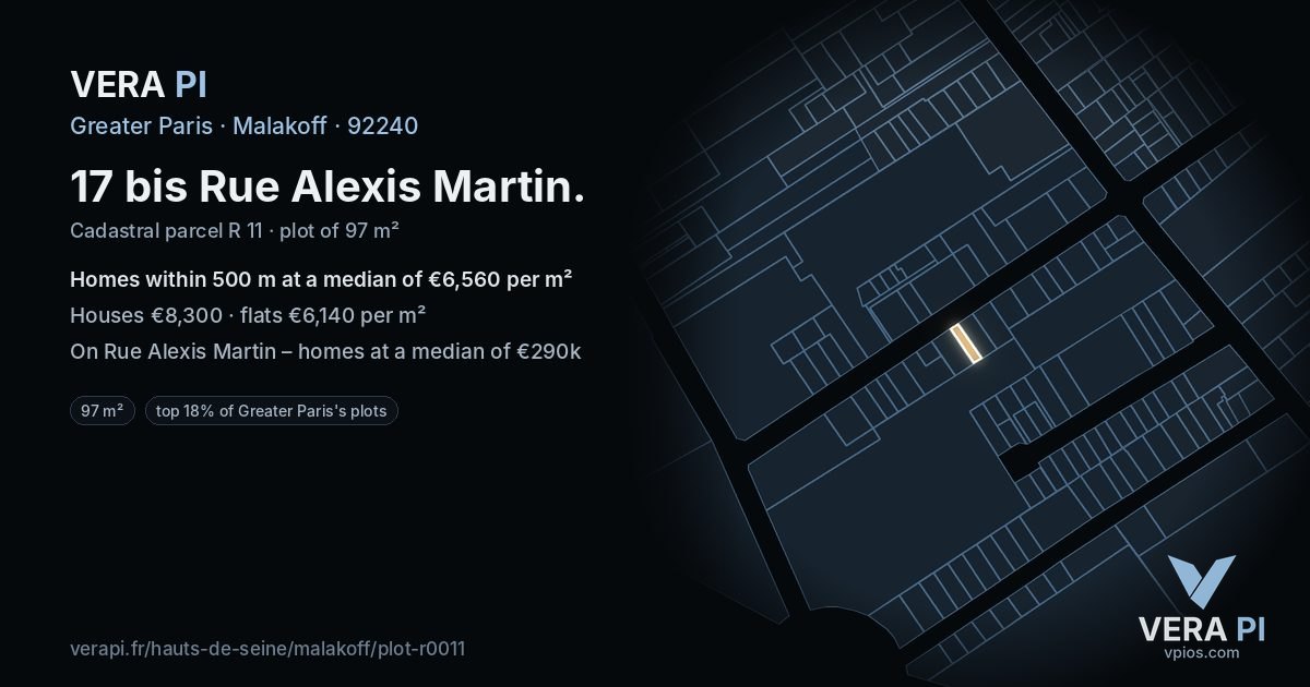 17 bis Rue Alexis Martin, Malakoff at night – the plot lit, the parcels around coloured by the prices near them