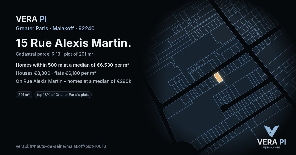 15 Rue Alexis Martin, Malakoff at night – the plot lit, the parcels around coloured by the prices near them