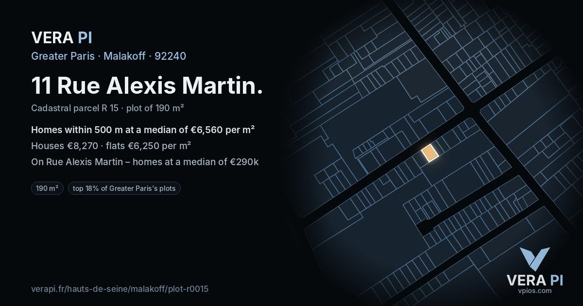 11 Rue Alexis Martin, Malakoff at night – the plot lit, the parcels around coloured by the prices near them