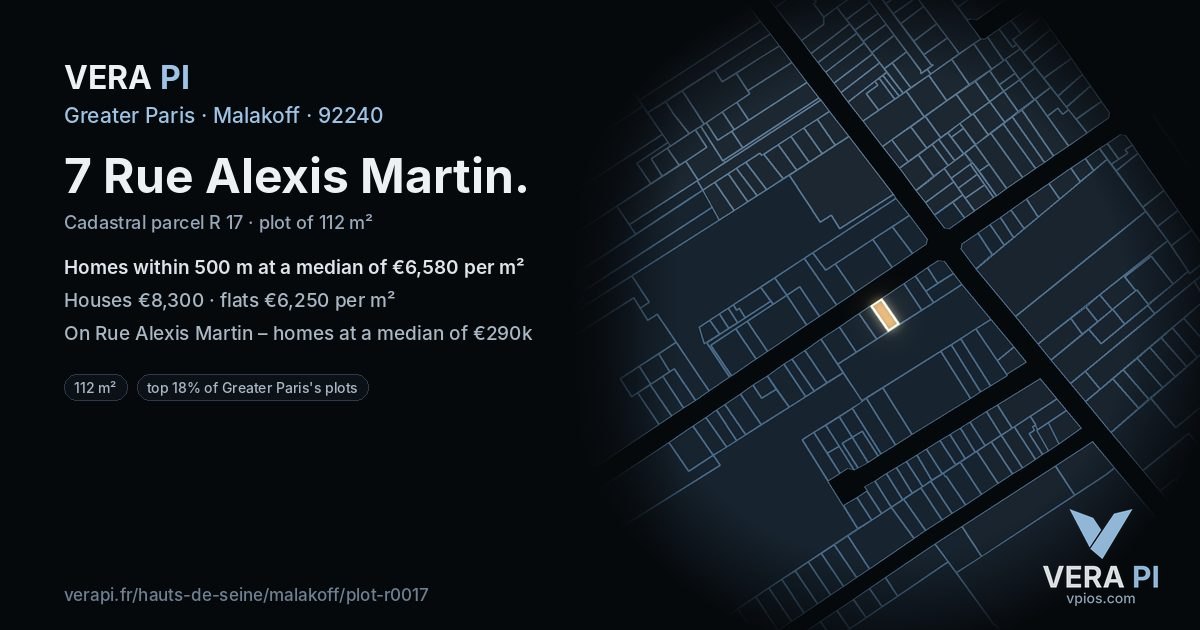 7 Rue Alexis Martin, Malakoff at night – the plot lit, the parcels around coloured by the prices near them