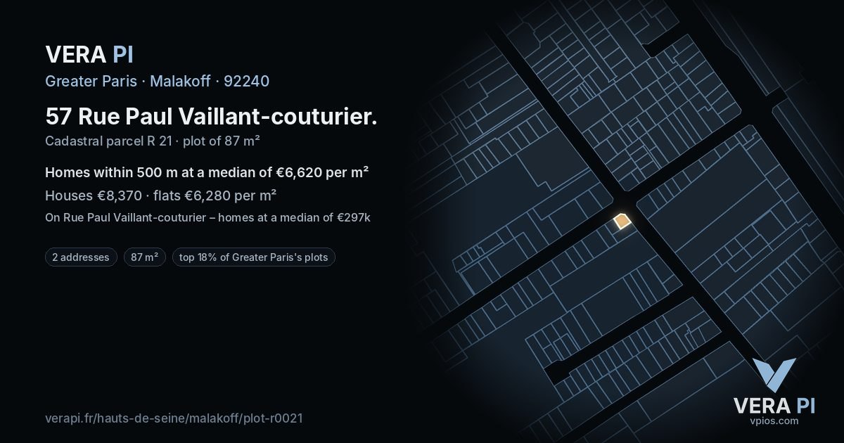 57 Rue Paul Vaillant-couturier, Malakoff at night – the plot lit, the parcels around coloured by the prices near them