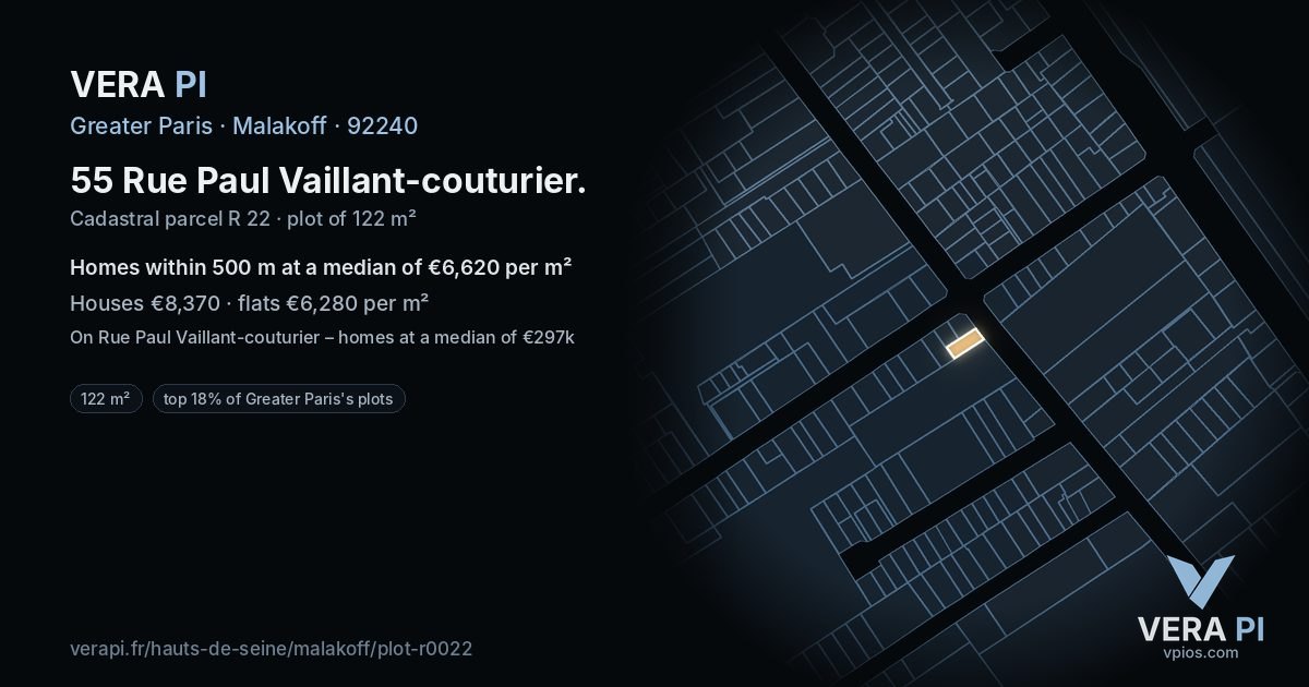 55 Rue Paul Vaillant-couturier, Malakoff at night – the plot lit, the parcels around coloured by the prices near them