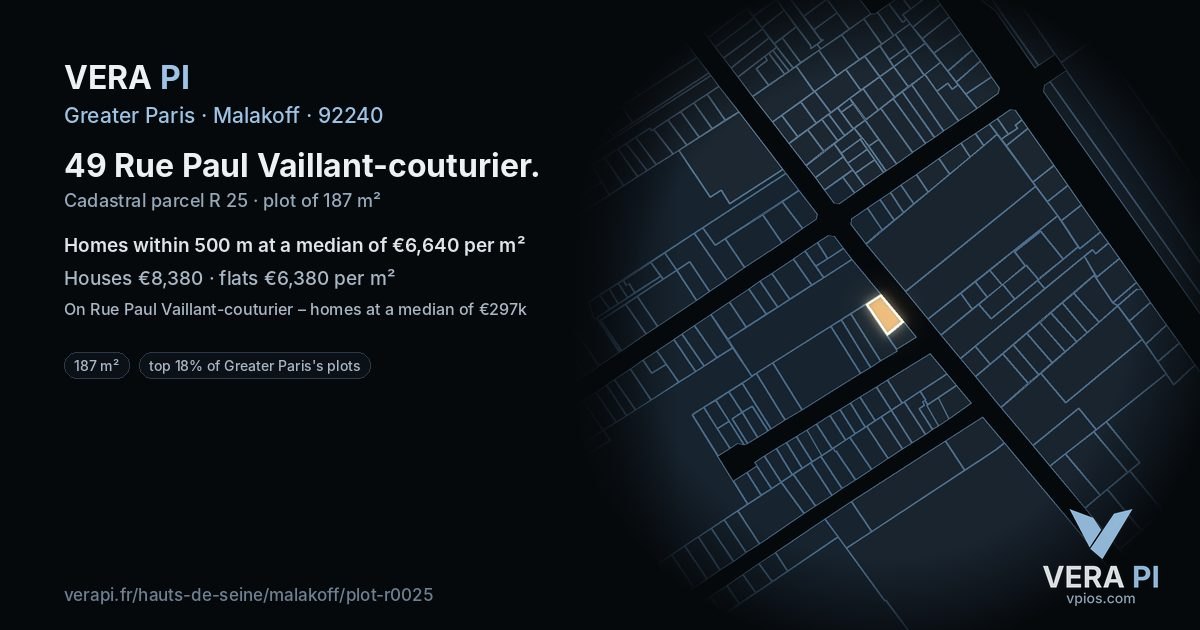 49 Rue Paul Vaillant-couturier, Malakoff at night – the plot lit, the parcels around coloured by the prices near them