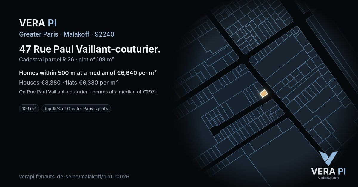 47 Rue Paul Vaillant-couturier, Malakoff at night – the plot lit, the parcels around coloured by the prices near them