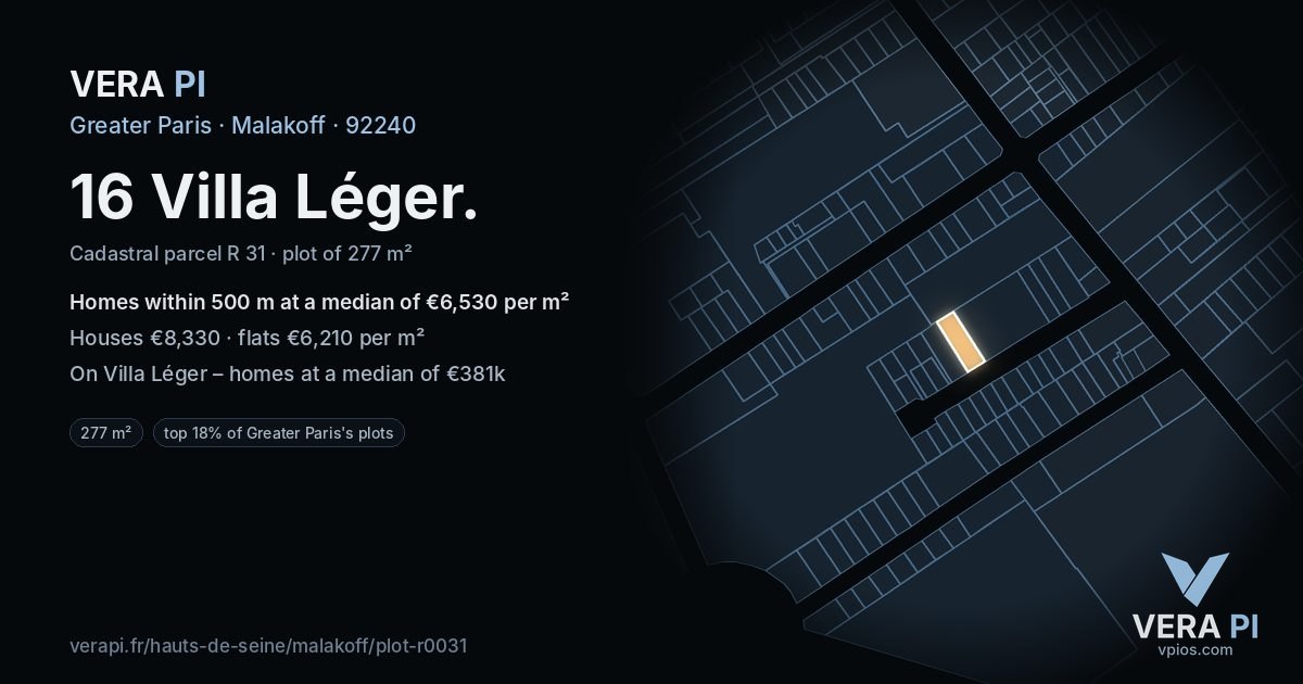 16 Villa Léger, Malakoff at night – the plot lit, the parcels around coloured by the prices near them