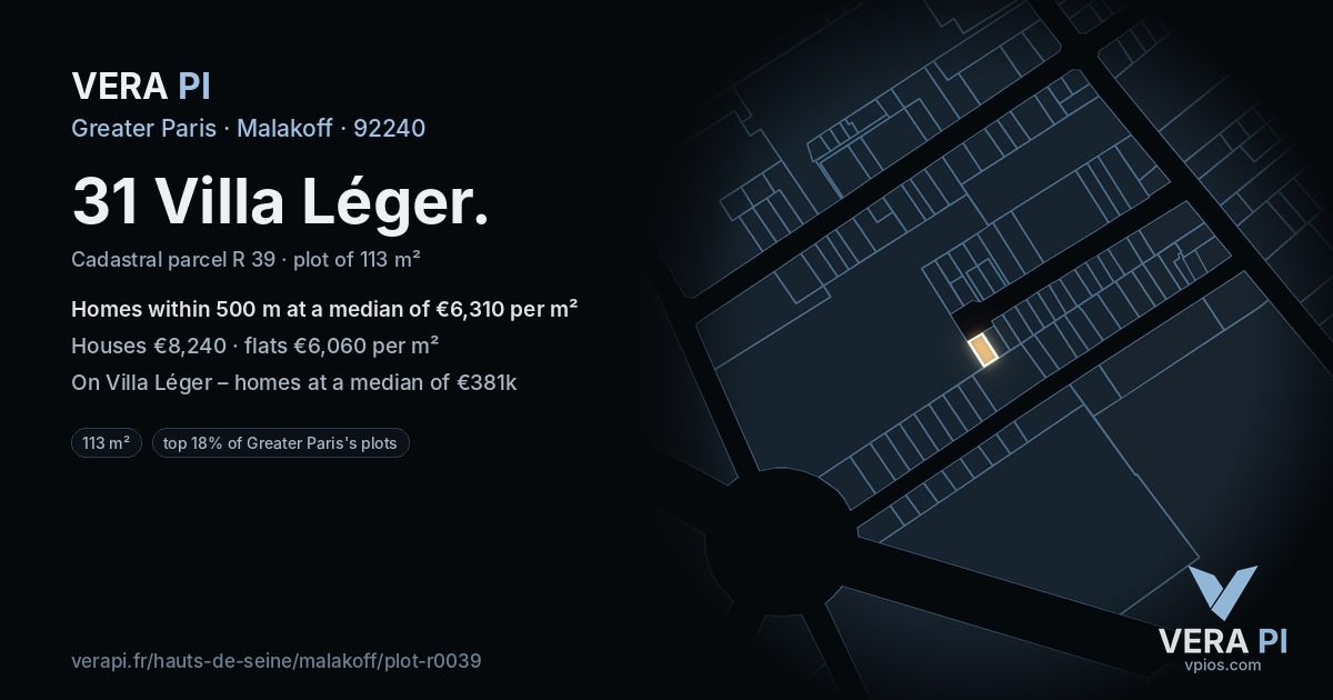 31 Villa Léger, Malakoff at night – the plot lit, the parcels around coloured by the prices near them