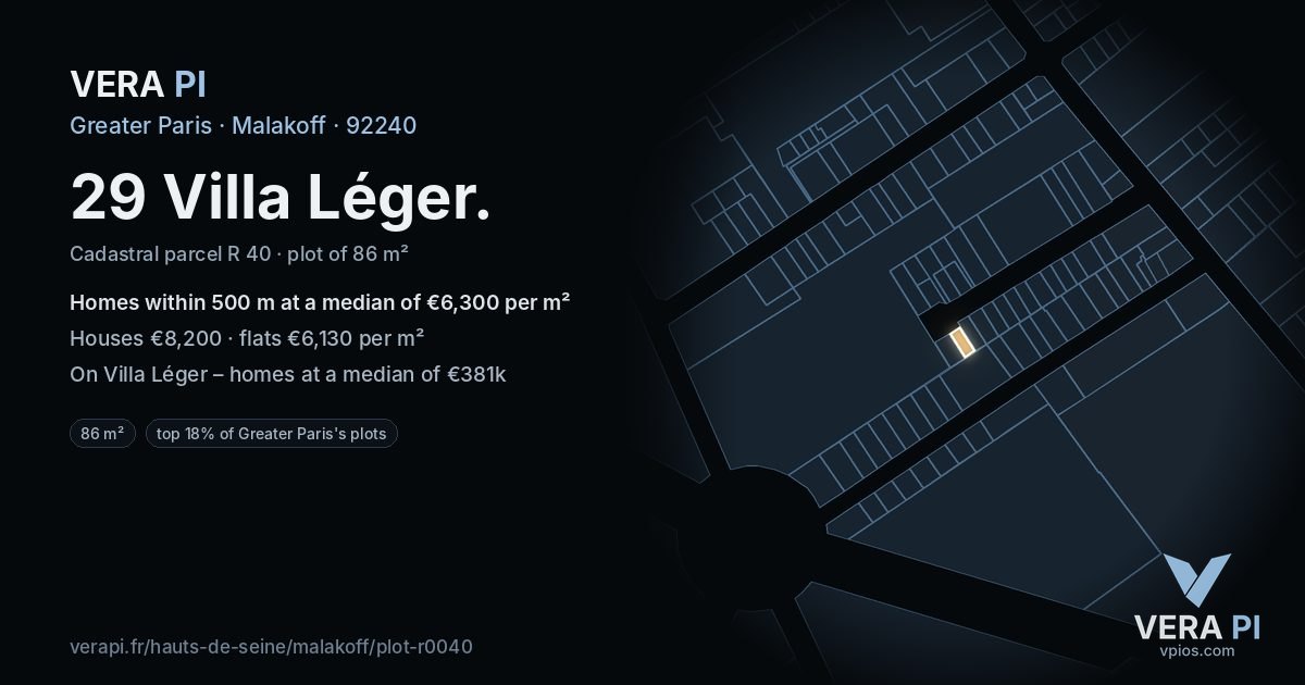 29 Villa Léger, Malakoff at night – the plot lit, the parcels around coloured by the prices near them