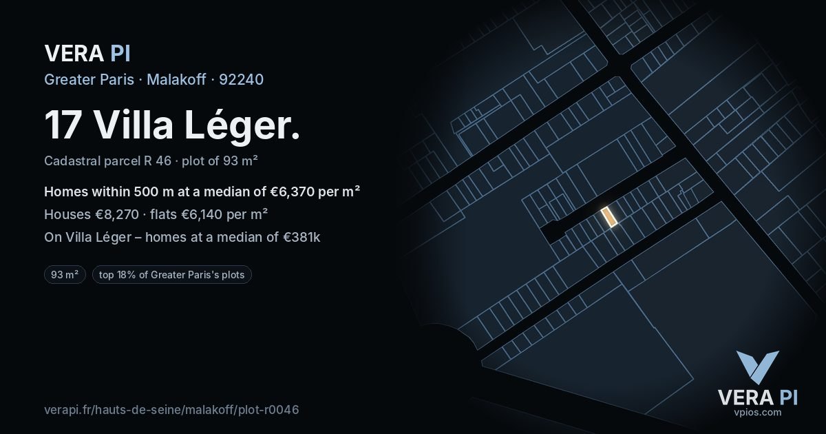 17 Villa Léger, Malakoff at night – the plot lit, the parcels around coloured by the prices near them