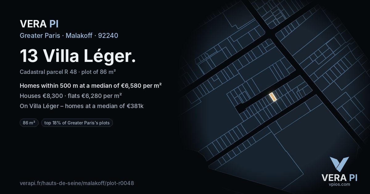 13 Villa Léger, Malakoff at night – the plot lit, the parcels around coloured by the prices near them