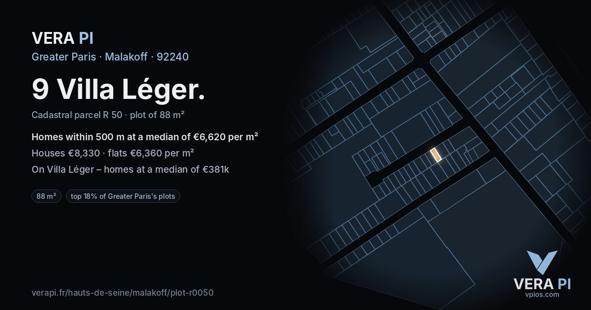 9 Villa Léger, Malakoff at night – the plot lit, the parcels around coloured by the prices near them
