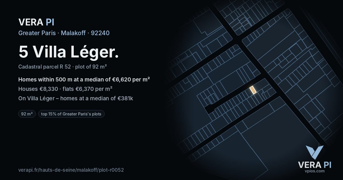 5 Villa Léger, Malakoff at night – the plot lit, the parcels around coloured by the prices near them