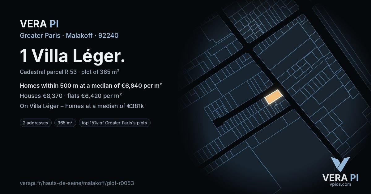 1 Villa Léger, Malakoff at night – the plot lit, the parcels around coloured by the prices near them