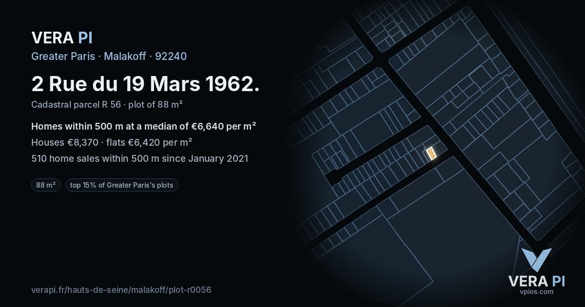 2 Rue du 19 Mars 1962, Malakoff at night – the plot lit, the parcels around coloured by the prices near them