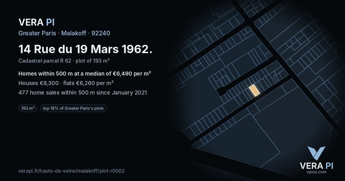 14 Rue du 19 Mars 1962, Malakoff at night – the plot lit, the parcels around coloured by the prices near them