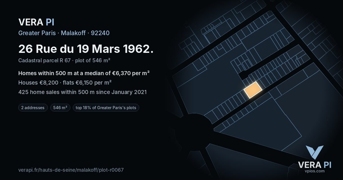 26 Rue du 19 Mars 1962, Malakoff at night – the plot lit, the parcels around coloured by the prices near them