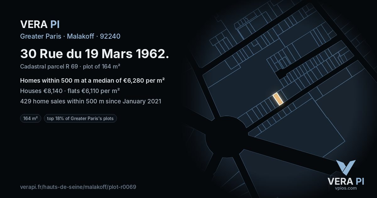 30 Rue du 19 Mars 1962, Malakoff at night – the plot lit, the parcels around coloured by the prices near them