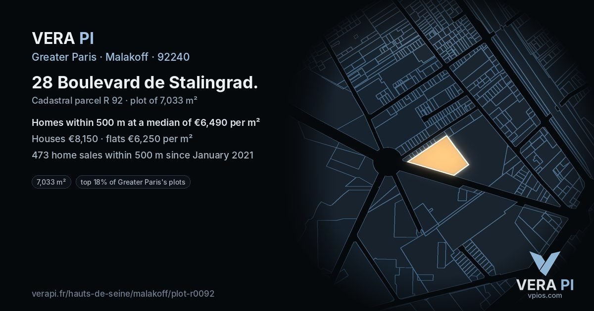 28 Boulevard de Stalingrad, Malakoff at night – the plot lit, the parcels around coloured by the prices near them