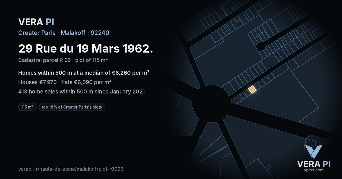 29 Rue du 19 Mars 1962, Malakoff at night – the plot lit, the parcels around coloured by the prices near them