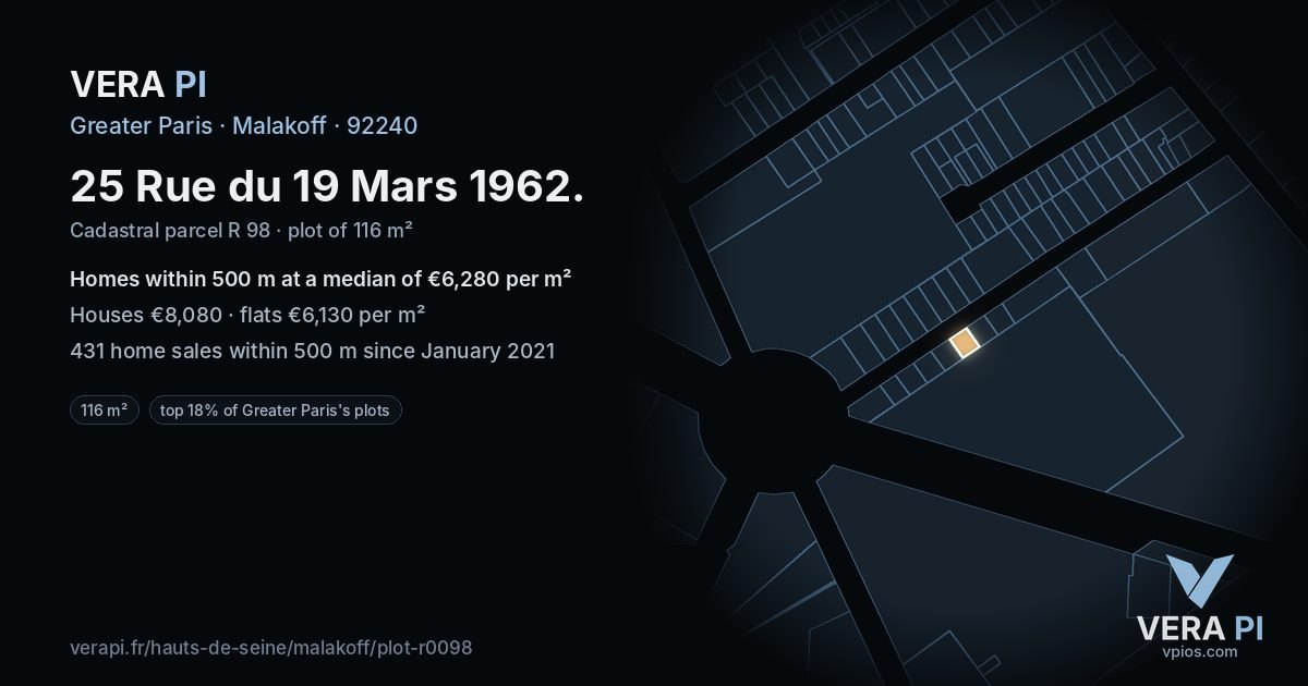 25 Rue du 19 Mars 1962, Malakoff at night – the plot lit, the parcels around coloured by the prices near them