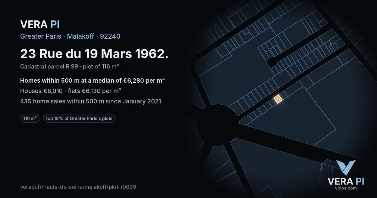 23 Rue du 19 Mars 1962, Malakoff at night – the plot lit, the parcels around coloured by the prices near them