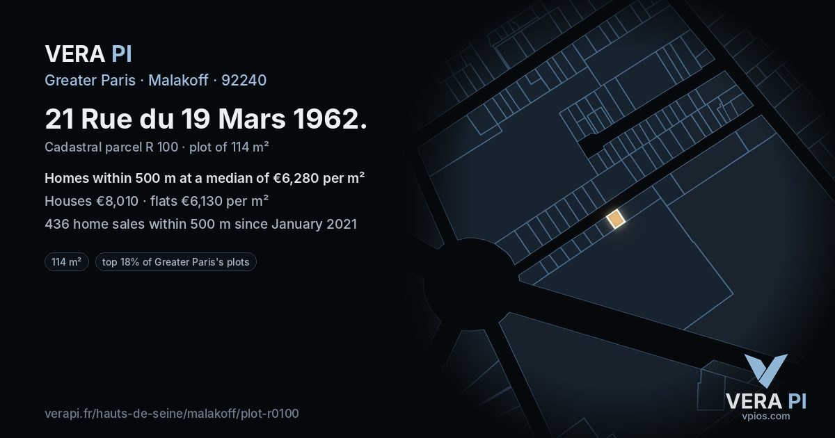 21 Rue du 19 Mars 1962, Malakoff at night – the plot lit, the parcels around coloured by the prices near them
