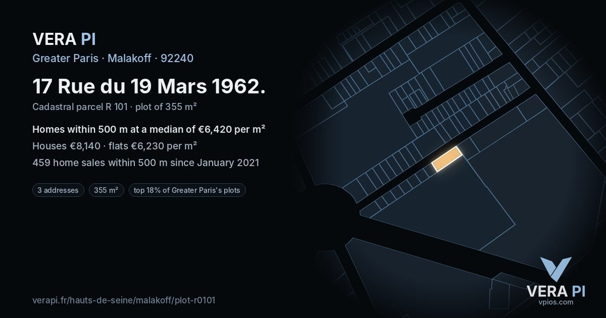 17 Rue du 19 Mars 1962, Malakoff at night – the plot lit, the parcels around coloured by the prices near them