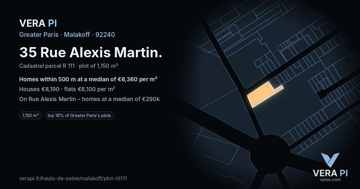 35 Rue Alexis Martin, Malakoff at night – the plot lit, the parcels around coloured by the prices near them