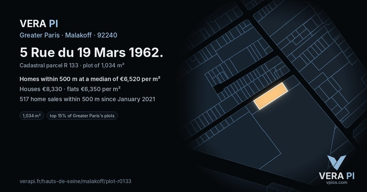 5 Rue du 19 Mars 1962, Malakoff at night – the plot lit, the parcels around coloured by the prices near them