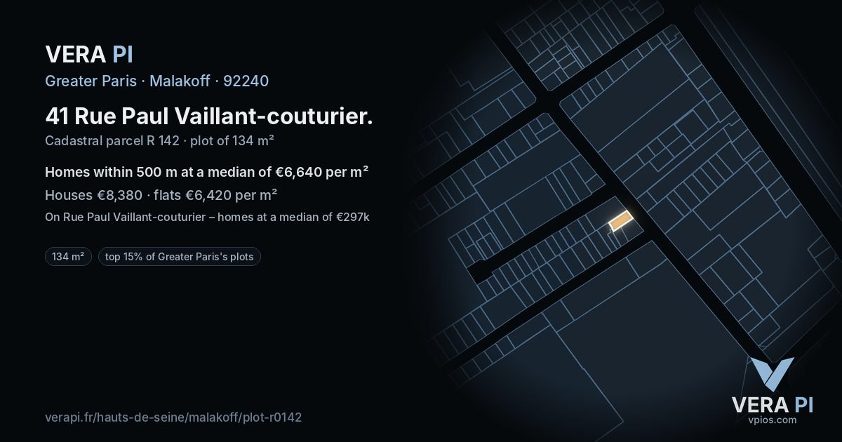 41 Rue Paul Vaillant-couturier, Malakoff at night – the plot lit, the parcels around coloured by the prices near them