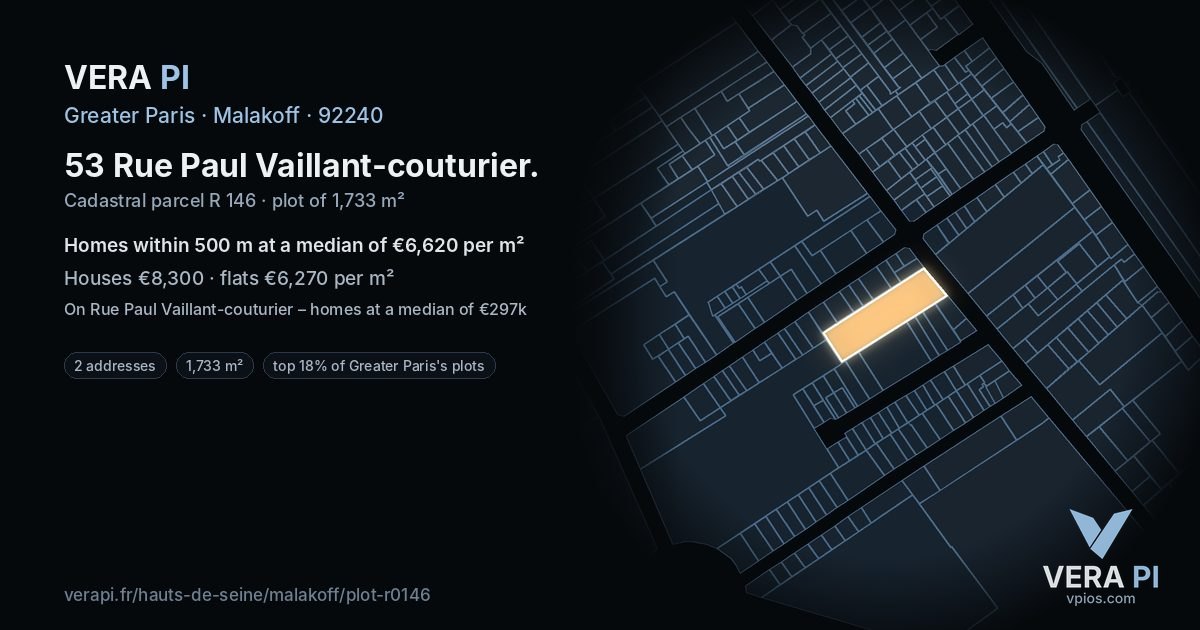 53 Rue Paul Vaillant-couturier, Malakoff at night – the plot lit, the parcels around coloured by the prices near them