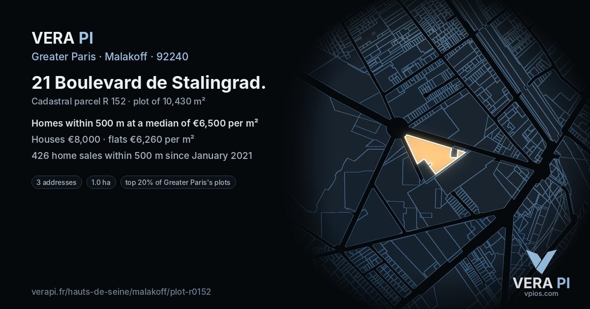 21 Boulevard de Stalingrad, Malakoff at night – the plot lit, the parcels around coloured by the prices near them