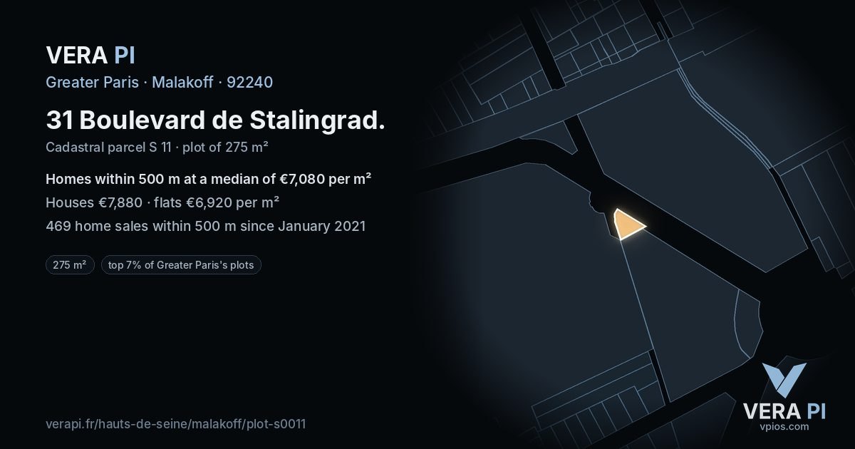 31 Boulevard de Stalingrad, Malakoff at night – the plot lit, the parcels around coloured by the prices near them